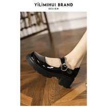 One Force Rice Grey 2022 New Round Head Thick Bottom College Wind Jk Shoes Small Leather Shoes Girl Spring Autumn Coarse Heels to Mary Precious Shoe