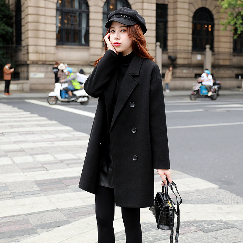 Hepburn Wind - haired coat girl 2023 new black medium - long thickened cloth coat small man