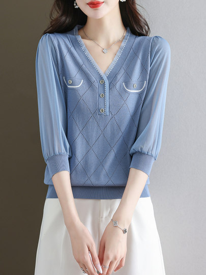 衬衫女春夏装大码新款宽松V领七分袖拼接高级感洋气小衫别致上衣