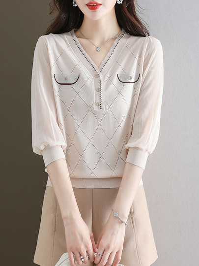 衬衫女春夏装大码新款宽松V领七分袖拼接高级感洋气小衫别致上衣