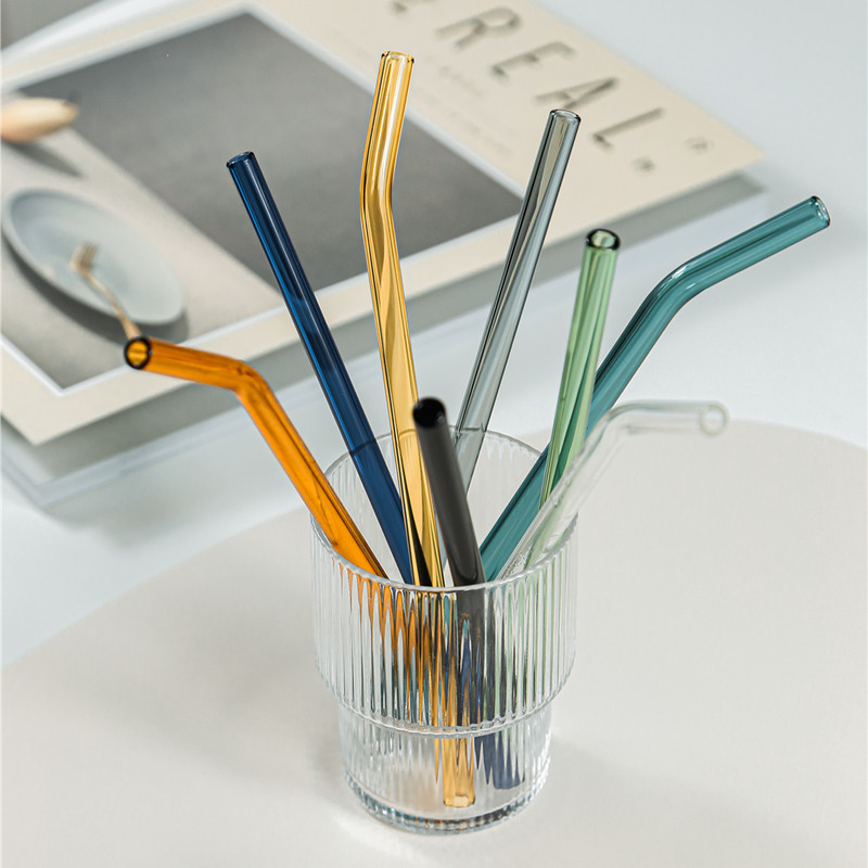Milk Tea Juice Drink Art Colored Glass Straws High Boron Silicon Heat Resistant Cold Health Ring Protection Lip Bending Straws