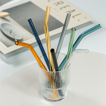 Milk Tea Juice Drink Art Colored Glass Straws High Boron Silicon Heat Resistant Cold Health Ring Protection Lip Bending Straws