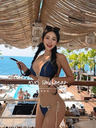 Sissi traje de baño denim azul tejido a mano bikini de hilo chica caliente halter sexy isla vacaciones nicho traje de baño
