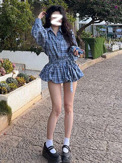 Plaid Shirt Dress Women's Clothing 2026 New Early Spring Outfit High-End Sexy Waist-Cinching Short Skirt Suit