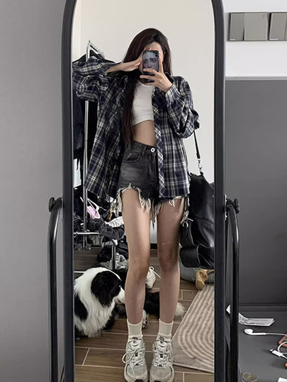 2025新款格子衬衫上衣秋季小个子长袖外搭防晒薄款外套衬衣女秋冬