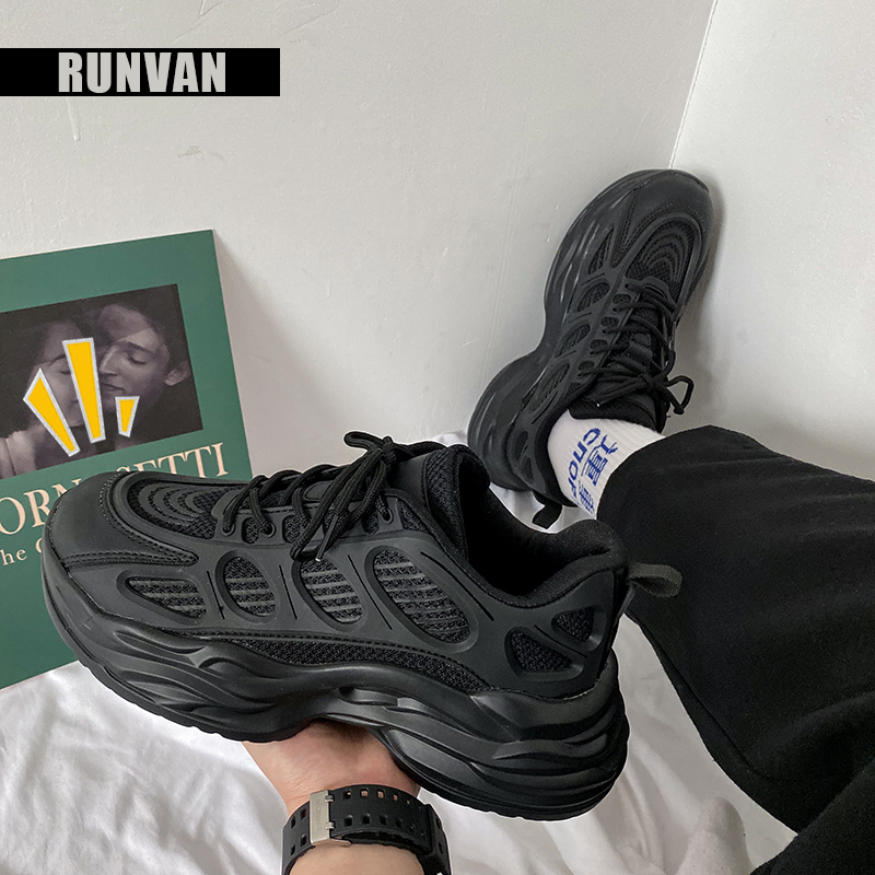 Summer Dad Shoes for Men, Casual Trendy Shoes, All Black, Ultra-Light, Thick-Soled, Height-Increasing, Black Warrior, Trendy Brand, High-End Feel