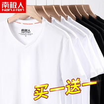 V-neck t-shirt mens short-sleeved white cotton half-sleeve loose large size mens pure white t-shirt mens solid color base shirt tide