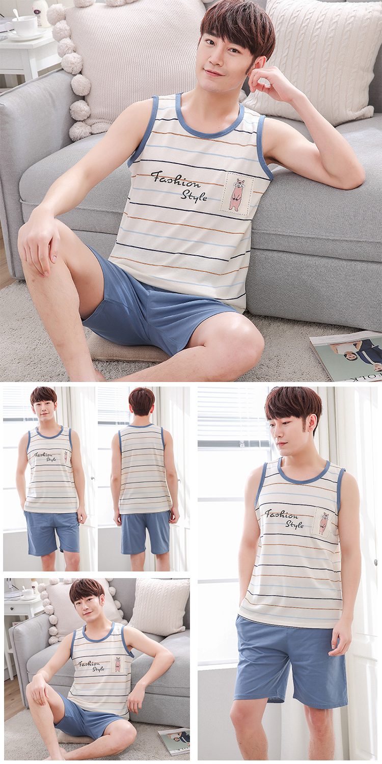 Không tay vest đồ ngủ nam mùa hè sọc kích thước lớn lỏng cotton phần mỏng quần short giản dị có thể được đeo bên ngoài dịch vụ nhà phù hợp với