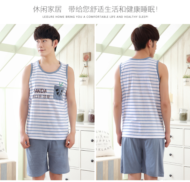 Không tay vest đồ ngủ nam mùa hè sọc kích thước lớn lỏng cotton phần mỏng quần short giản dị có thể được đeo bên ngoài dịch vụ nhà phù hợp với