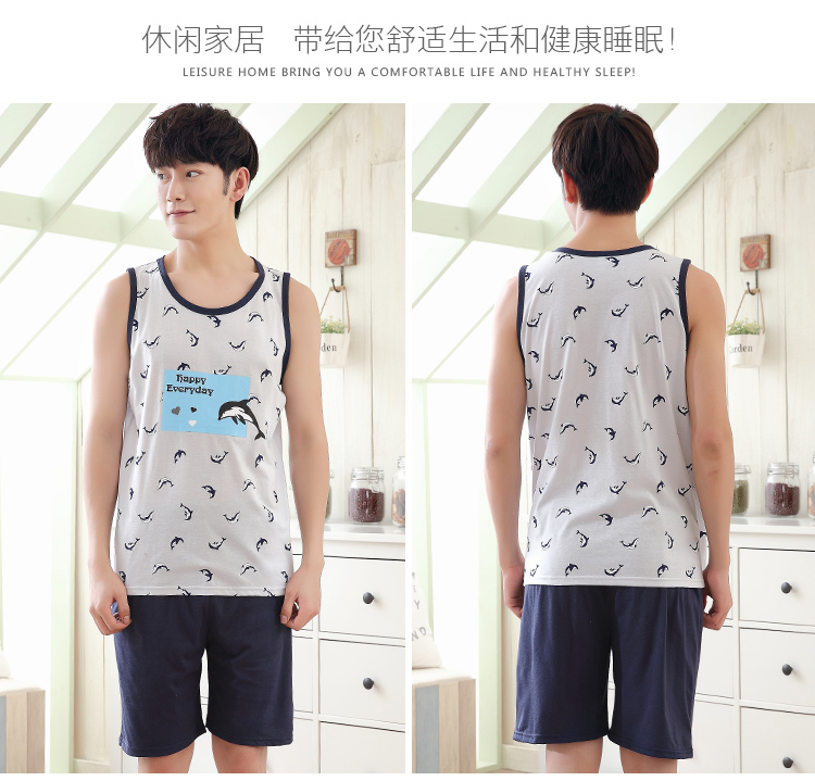 Không tay vest đồ ngủ nam mùa hè sọc kích thước lớn lỏng cotton phần mỏng quần short giản dị có thể được đeo bên ngoài dịch vụ nhà phù hợp với