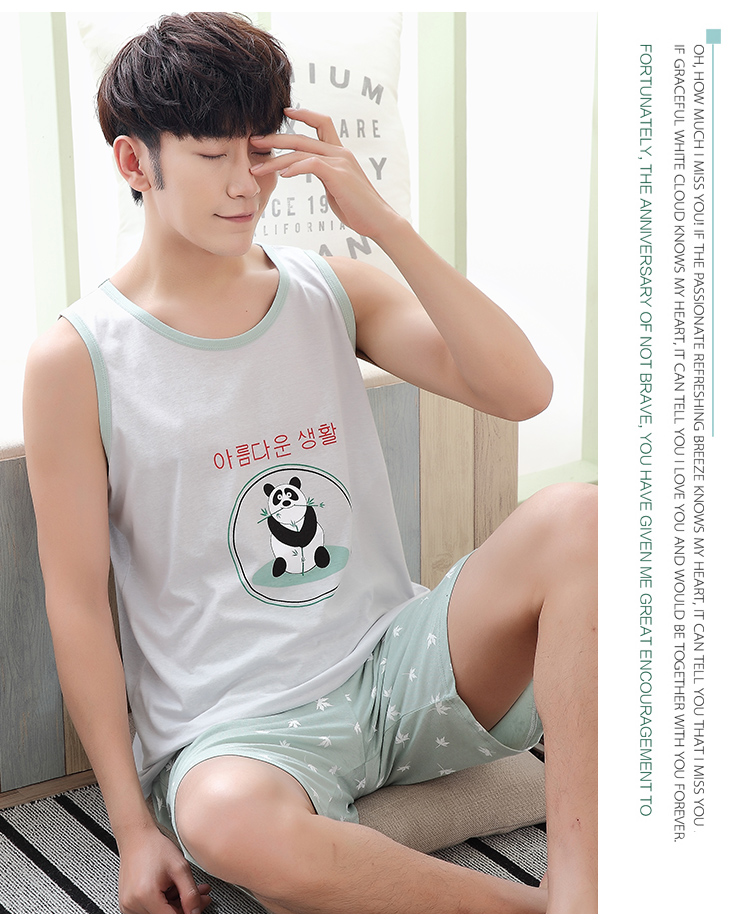 Không tay vest đồ ngủ nam mùa hè sọc kích thước lớn lỏng cotton phần mỏng quần short giản dị có thể được đeo bên ngoài dịch vụ nhà phù hợp với