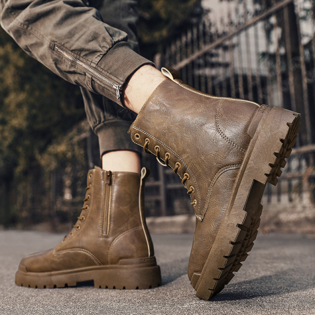 Spring brown Martin boots men's high-top retro style British ເພີ່ມຂຶ້ນ ເກີບຫນັງຫນາ soled ເກີບເຮັດວຽກລົດຈັກຂອງຜູ້ຊາຍ