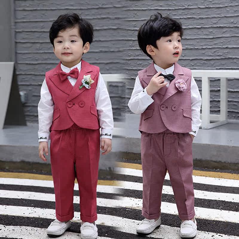Children's red suits handsome gas-year-old gown Summer boy Western suit Little boy wedding Playboy suit