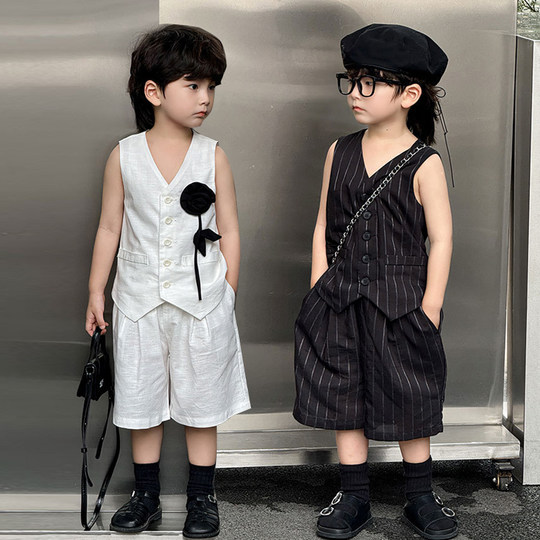 韩范男童马甲套装夏季儿童白色小西装痞帅风模特t台走秀礼服潮酷