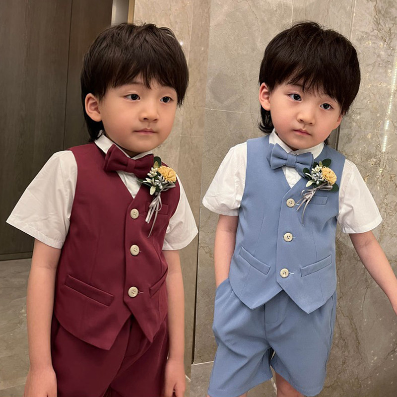 Flower Boy Gown Boy Suit Suit Summer Boy Yinglen Little West Suit Handsome Children's Shirt Waistcoat Three Sets