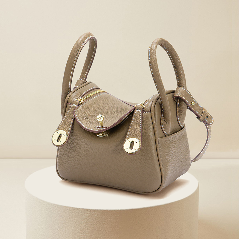 First-Layer Cowhide Mini Lindy Bag, Single Shoulder Crossbody Doctor's Small Bag, Women's Genuine Leather Elephant Gray Handbag, Lindy Small Size