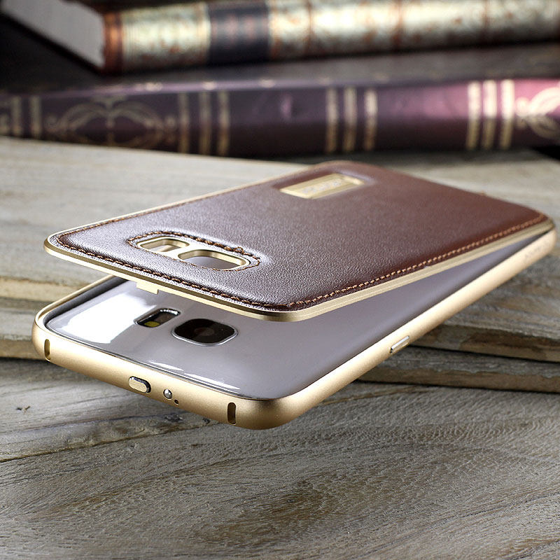 iMatch Luxury Aluminum Metal Bumper Premium Genuine Leather Back Cover Case for Samsung Galaxy S7 edge