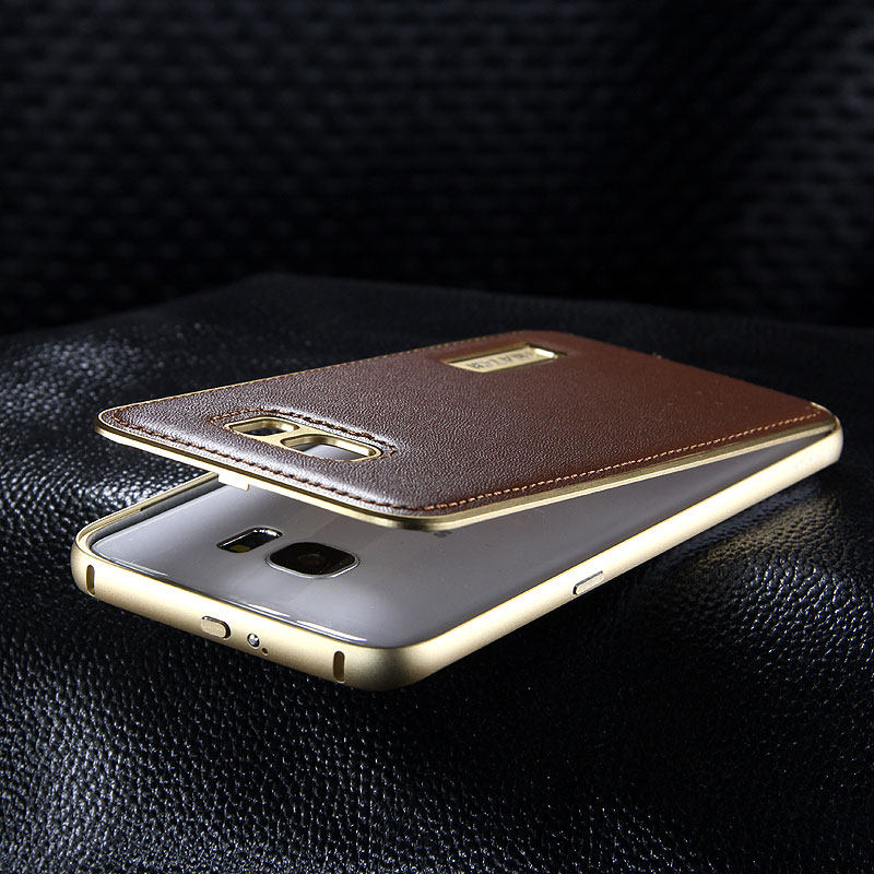 iMatch Luxury Aluminum Metal Bumper Premium Genuine Leather Back Cover Case for Samsung Galaxy S7 Edge