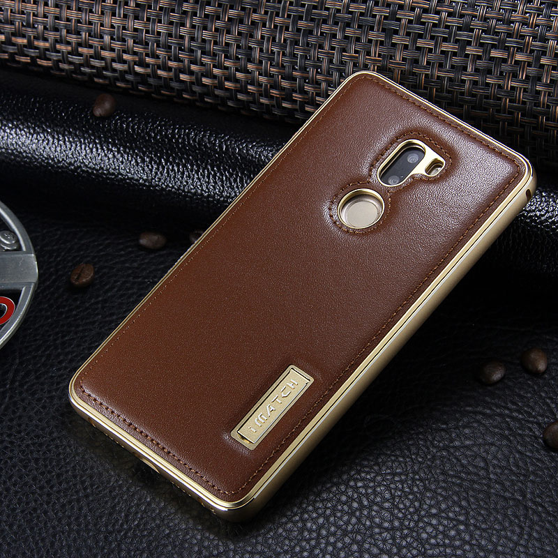 iMatch Luxury Aluminum Metal Bumper Premium Genuine Leather Back Cover Case for Xiaomi Mi 5s Plus