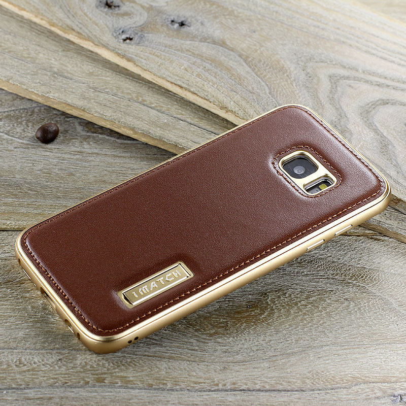 iMatch Luxury Aluminum Metal Bumper Premium Genuine Leather Back Cover Case for Samsung Galaxy S7 edge