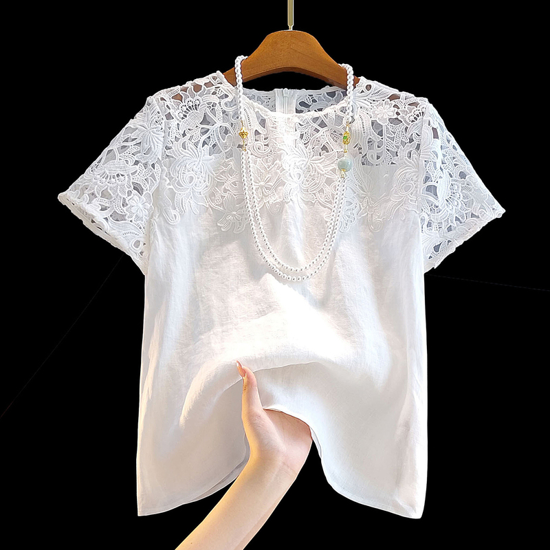 Heavy Lace Linen Short-Sleeve Round-Neck Top for Women, with a Unique Design, Fashionable and Stylish, Hollow-Out, Versatile, Loose-Fitting Shirt