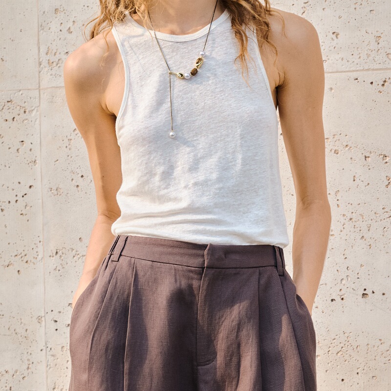 100% Pure Linen Knitted Vest for Women, Summer Simple Thin Round Neck Sleeveless Loose-Fitting Off-Shoulder Top