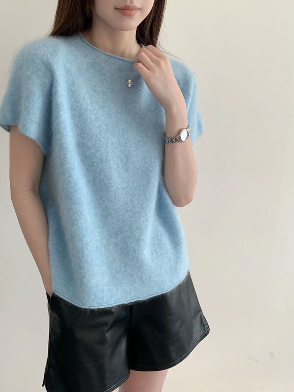 26 Autumn/Winter Brushed 95% Merino Wool 5% Cashmere 5% Mulberry Silk Short-Sleeve Sweater with Rolled Collar, Korean Style Elegant Knitwear