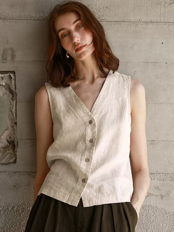 European and American Old Money Style Linen V-Neck Women's Summer Sleeveless Vest Linen Top Commuter Casual Vest European and American Old Money Style Linen V-Neck Women's Summer Sleeveless Vest Linen Top Commuter Casual Vest