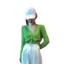 Bộ đồ mùa thu nữ thời trang hai mảnh phù hợp với Hồng Kông cỏ xanh đan ngắn + áo cạp cao rộng ống rộng