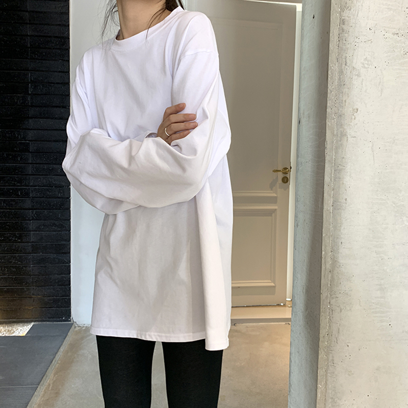 White leggings women's spring and autumn 2022 new long-sleeved underwear top Korean version loose cotton black crew neck T-shirt