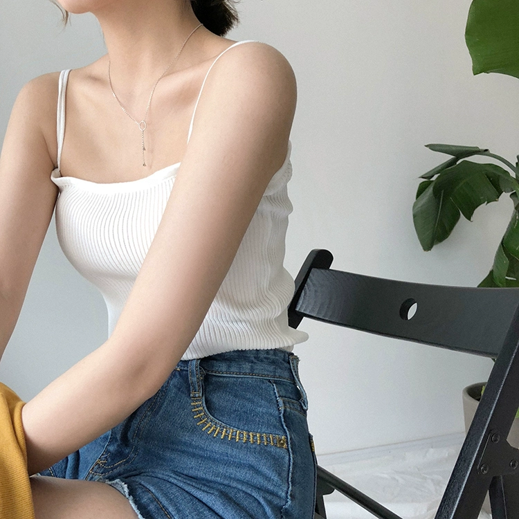 Mùa hè của phụ nữ Hàn Quốc Slim bên trong áo len đôi sling trắng bên ngoài mặc áo sơ mi ngắn đồ đôi nam nữ