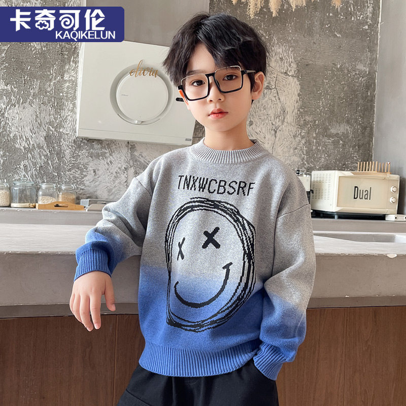 Boy sweater Spring autumn style Hood Fried Street Children Knit Undershirt CUHK Boy Autumn Winter Plus Suede Thickened Boy Tide