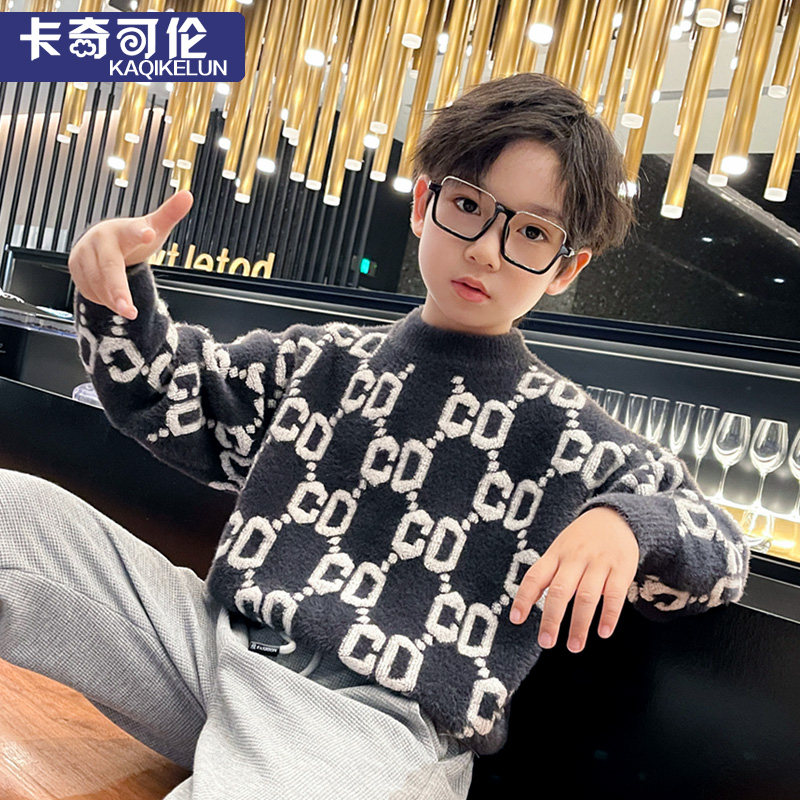 Boys' sweater autumn and winter style 2022 new children's knitted sweater winter plus velvet thickened medium and big boys mink velvet