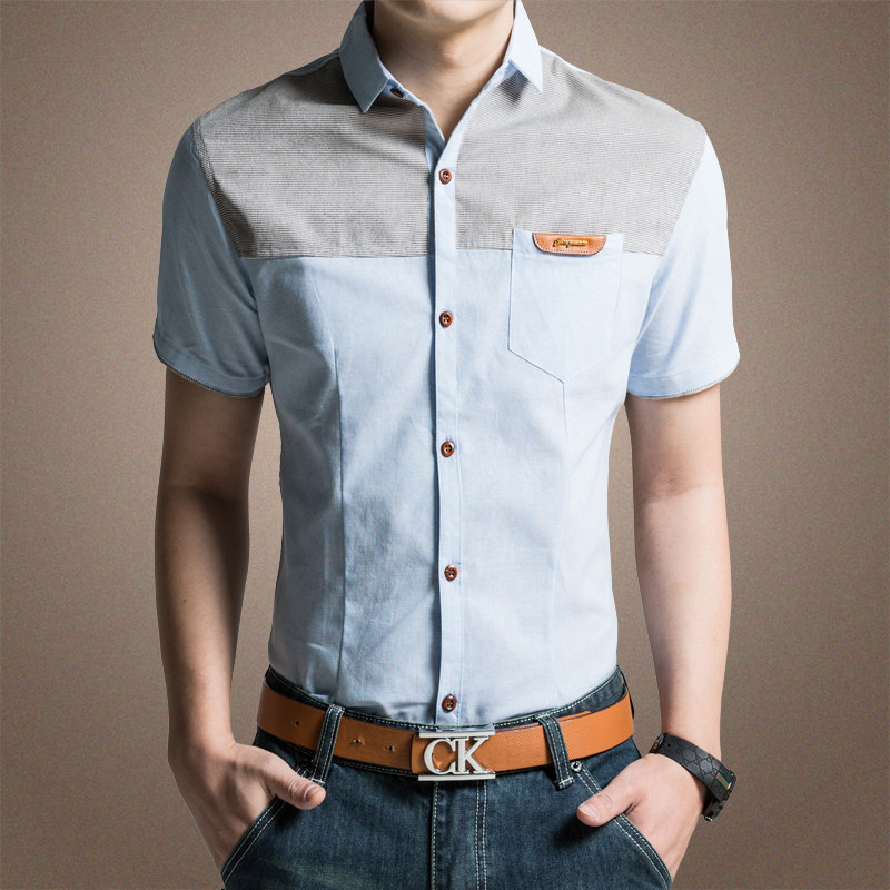 European station 2021 summer men's casual shirt cotton Korean version slim denim stitching short-sleeved shirt trendy large size