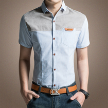 Europe station 2021 summer mens casual shirt pure cotton Korean slim denim stitching short-sleeved shirt tide large size