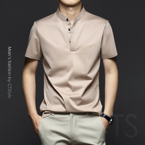 European station double silk cotton stand-up collar short-sleeved T-shirt Business cotton base shirt Ice silk lapel mens 2021 summer