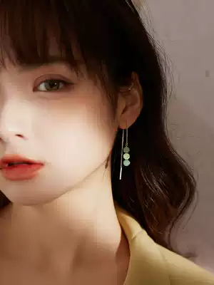 Fresh temperament small moose people S925 sterling silver green geometric gradual layer earrings ear ear refining long version European and American earrings female