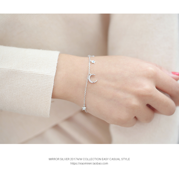 月亮 麋 人 闪 钻 弯弯 月亮 Mini Sao Tua Mặt Dây Chuyền S925 Sterling Silver Bracelet Trang Sức Quà Tặng Nhật Bản và Hàn Quốc Nữ