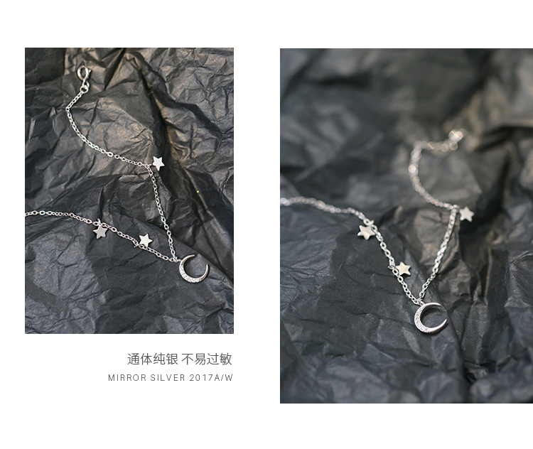 月亮 麋 人 闪 钻 弯弯 月亮 Mini Sao Tua Mặt Dây Chuyền S925 Sterling Silver Bracelet Trang Sức Quà Tặng Nhật Bản và Hàn Quốc Nữ