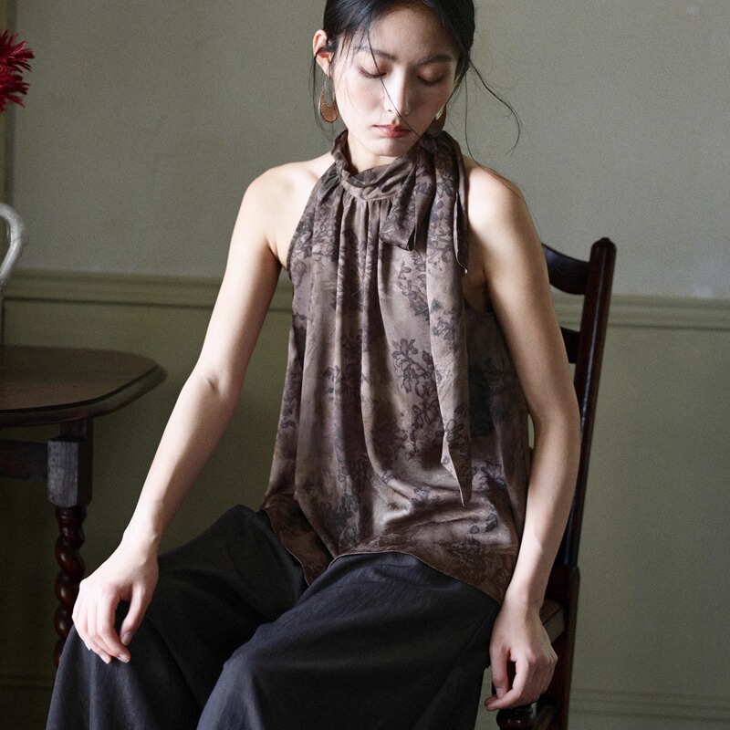 New Chinese-Style Deadwood Color Satin Design Halter Neck Tie-Up Top