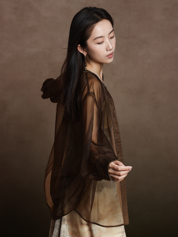 Shenwu New Chinese Style Round Neck Summer Blouse Loose and Versatile Silky Sheer Hazy Tea Color Semi-Transparent Shirt