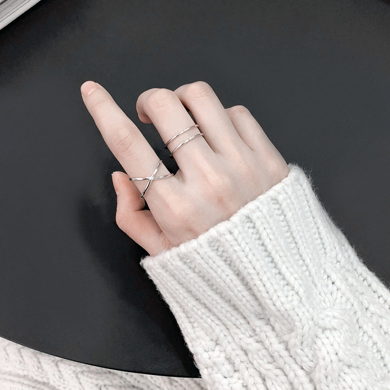 Japanese and Korean version S925 silver-plated cross-opening couple ring love simple all-match thin finger ring female index finger ring