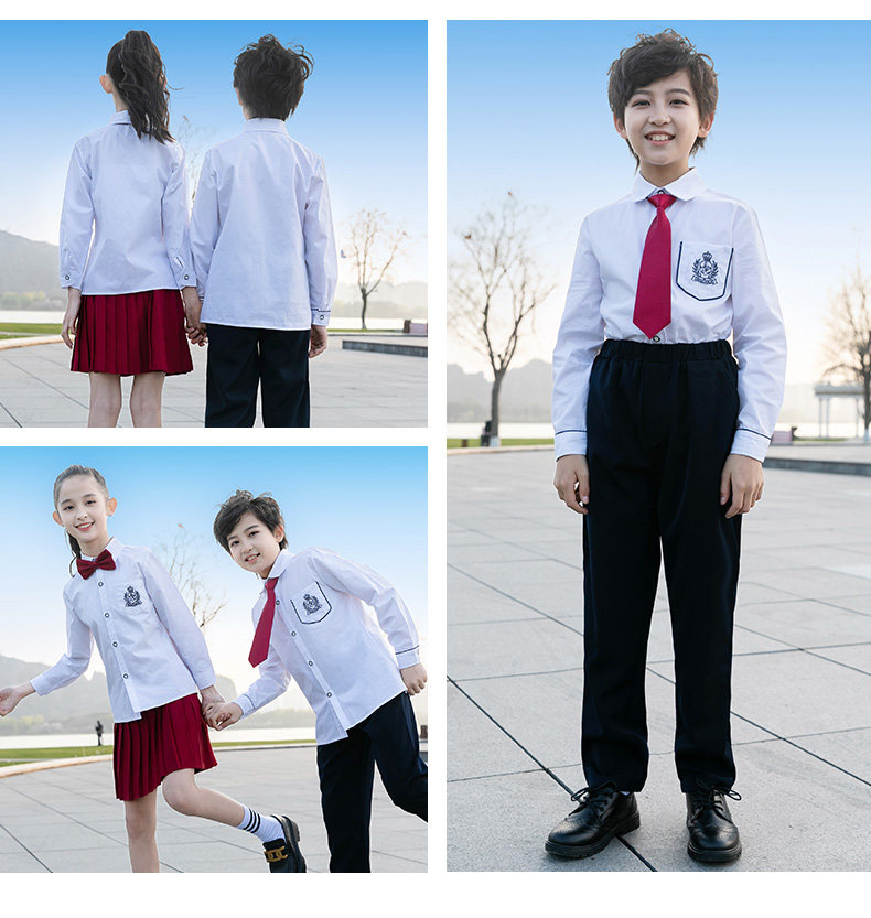 товар из китая 小学生校服春秋季班服幼儿园长袖刺绣衬衫男女童酒红色百褶裙套装