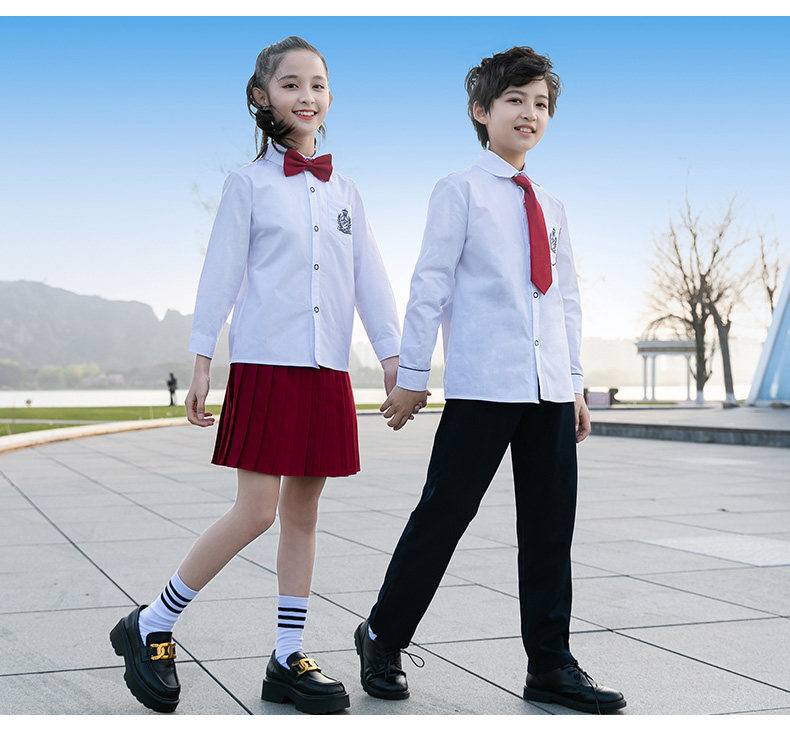 товар из китая 小学生校服春秋季班服幼儿园长袖刺绣衬衫男女童酒红色百褶裙套装