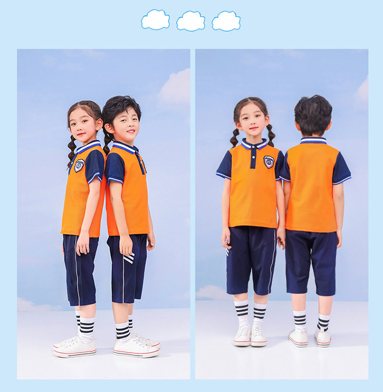 товар из китая 幼儿园园服夏季校服 小学生班服纯棉橙色短袖t恤男女童七分裤套装 Lan Yang Beibei