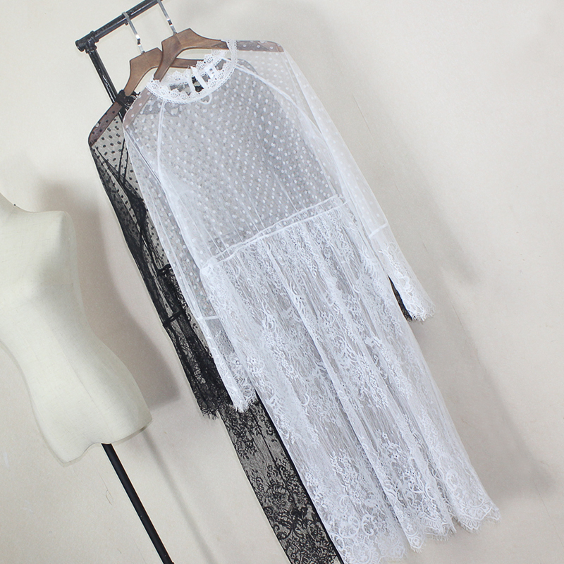 Lace Skirt with Inner Dress 2018 Autumn and Winter Women's Long-Sleeved Loose Mid-Length See-Through Mesh Splicing Bottoming Skirt
