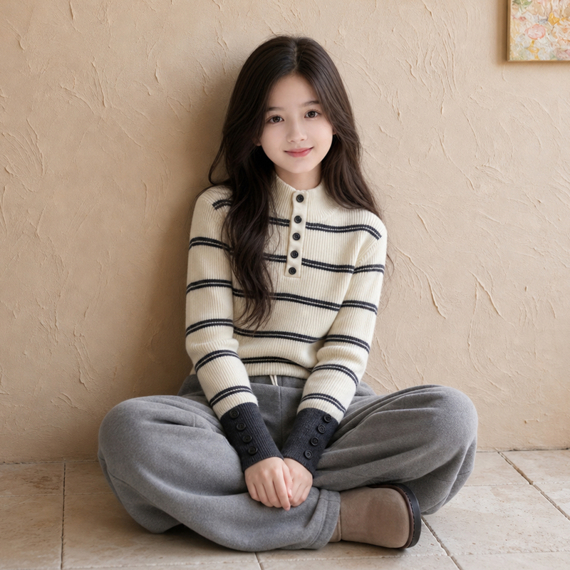 Girls' Sweater Base Layer Elastic Winter Inner Wear 2026 New Striped Girls' Korean Style High-Neck Knitwear Girls' Sweater Base Layer Elastic Winter Inner Wear 2026 New Striped Girls' Korean Style High-Neck Knitwear