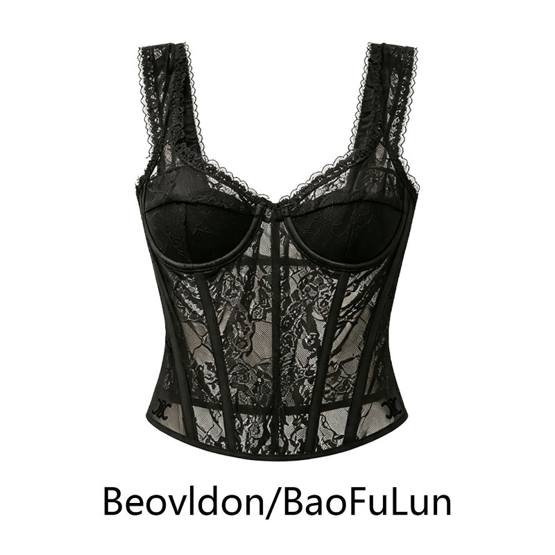 Black Lace Fishbone Corset Camisole for Women, Sexy and Stylish, Slim-Fitting, Elegant, High-End Waist-Cinching Tube Top