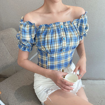 Straight Shoulder Short Sleeve Bubble Cuff 2020 Summer New Shirt Woman High Waist Short checkered Lotus Leaf side blouses