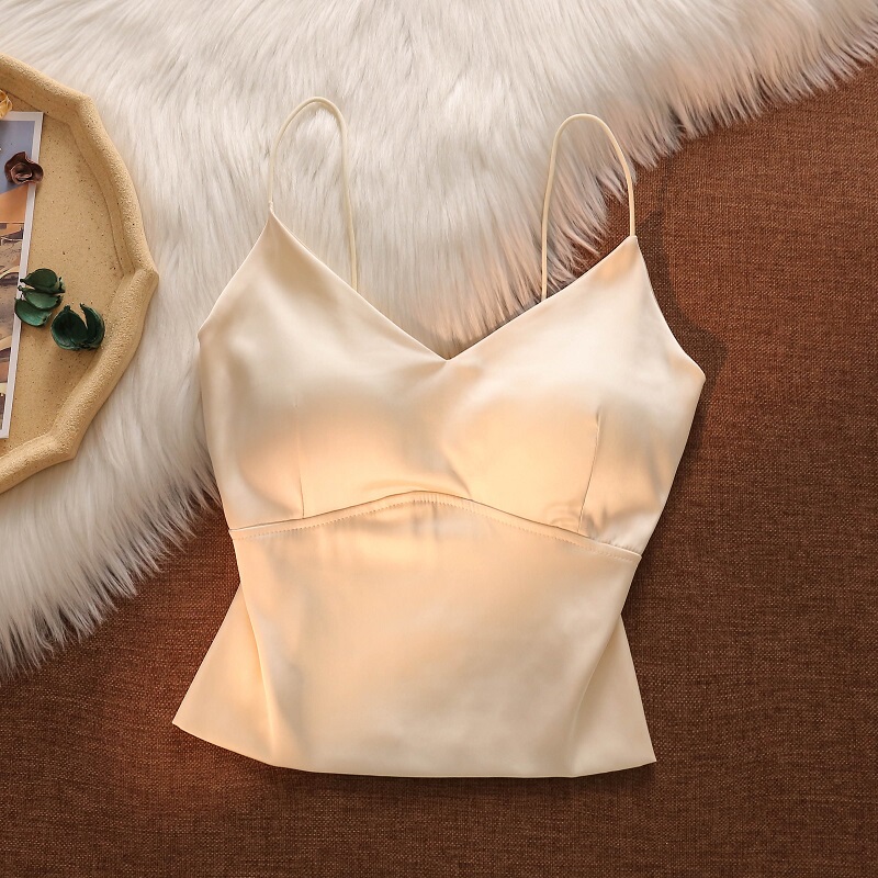 French-Style White Satin Camisole Women's High-End Suit New Style with Built-In Bra Short Hot Girl Tube Top Summer Top